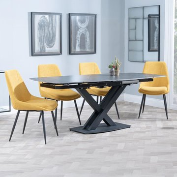 Arctic extending dining set - 6-8 seater - 140cm-200cm - black ceramic swivel top - darwin dining chair - yellow fabric