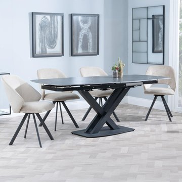 Arctic extending dining set - 6-8 seater - 140cm-200cm - black ceramic swivel top - ion swivel dining chair - beige velvet fabric