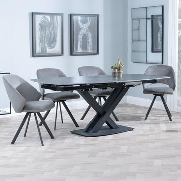 Arctic extending dining set - 6-8 seater - 140cm-200cm - black ceramic swivel top - ion swivel dining chair - dark grey velvet fabric