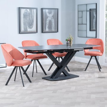 Arctic extending dining set - 6-8 seater - 140cm-200cm - black ceramic swivel top - ion swivel dining chair - orange velvet fabric