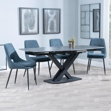 Arctic extending dining set - 6-8 seater - 140cm-200cm - black ceramic swivel top - peyton dining chair - blue fabric