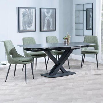 Arctic extending dining set - 6-8 seater - 140cm-200cm - black ceramic swivel top - peyton dining chair - green fabric