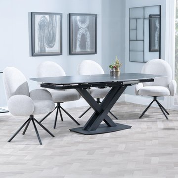 Arctic extending dining set - 6-8 seater - 140cm-200cm - black ceramic swivel top - theo swivel dining chair - grey fabric