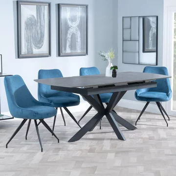 Bari extending dining set - 6-8 seater - 140cm-180cm - grey ceramic - arctic swivel dining chair - blue velvet fabric