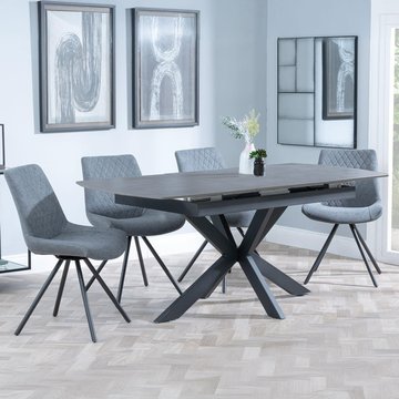 Bari extending dining set - 6-8 seater - 140cm-180cm - grey ceramic - boden swivel dining chair - grey fabric