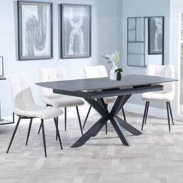 Bari extending dining set - 6-8 seater - 140cm-180cm - grey ceramic - corona dining chair - beige fabric