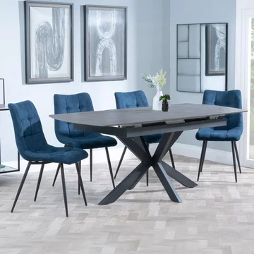 Bari extending dining set - 6-8 seater - 140cm-180cm - grey ceramic - corona dining chair - blue fabric