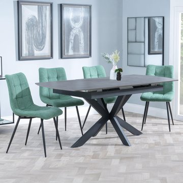 Bari extending dining set - 6-8 seater - 140cm-180cm - grey ceramic - corona dining chair - green fabric