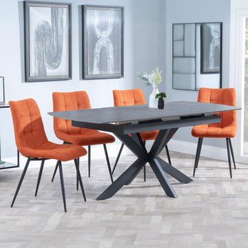 Bari extending dining set - 6-8 seater - 140cm-180cm - grey ceramic - corona dining chair - orange fabric