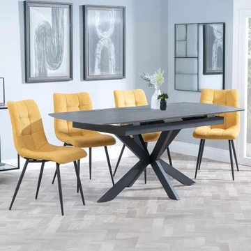 Bari extending dining set - 6-8 seater - 140cm-180cm - grey ceramic - corona dining chair - yellow fabric