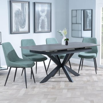 Bari extending dining set - 6-8 seater - 140cm-180cm - grey ceramic - darwin dining chair - green fabric