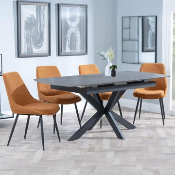 Bari extending dining set - 6-8 seater - 140cm-180cm - grey ceramic - darwin dining chair - orange fabric