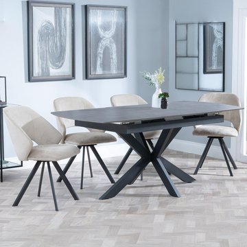 Bari extending dining set - 6-8 seater - 140cm-180cm - grey ceramic - ion swivel dining chair - beige velvet fabric