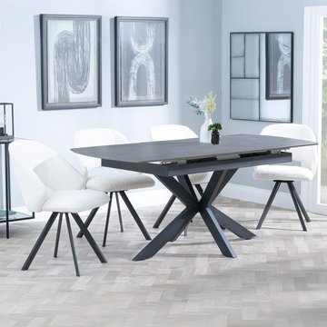 Bari extending dining set - 6-8 seater - 140cm-180cm - grey ceramic - ion swivel dining chair - cream boucle fabric