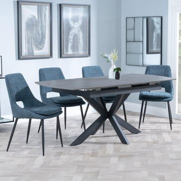 Bari extending dining set - 6-8 seater - 140cm-180cm - grey ceramic - peyton dining chair - blue fabric