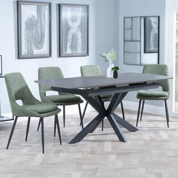 Bari extending dining set - 6-8 seater - 140cm-180cm - grey ceramic - peyton dining chair - green fabric