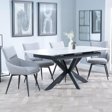 Bari extending dining set - 6-8 seater - 140cm-180cm - white ceramic - ace swivel dining chair - grey fabric
