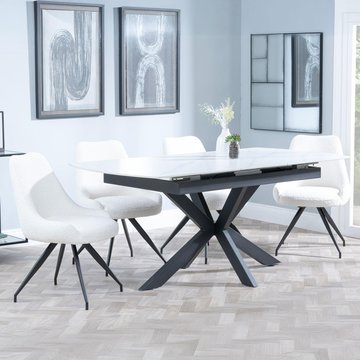 Bari extending dining set - 6-8 seater - 140cm-180cm - white ceramic - arctic swivel dining chair - cream velvet fabric