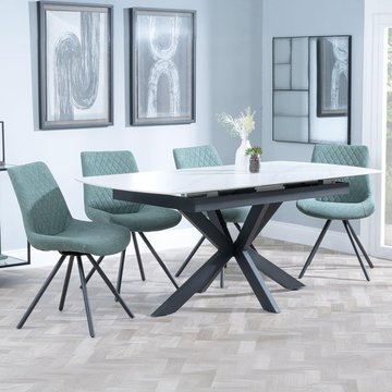 Bari extending dining set - 6-8 seater - 140cm-180cm - white ceramic - boden swivel dining chair - green fabric