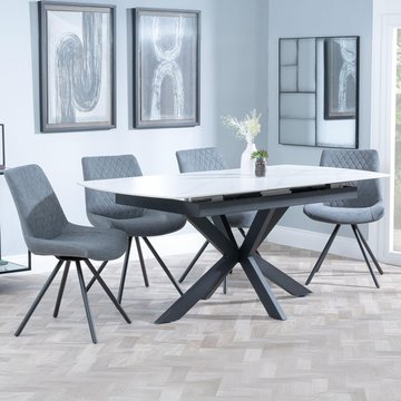 Bari extending dining set - 6-8 seater - 140cm-180cm - white ceramic - boden swivel dining chair - grey fabric