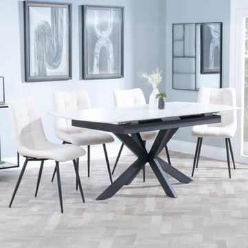 Bari extending dining set - 6-8 seater - 140cm-180cm - white ceramic - corona dining chair - beige fabric