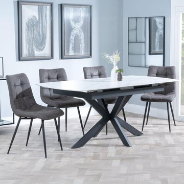Bari extending dining set - 6-8 seater - 140cm-180cm - white ceramic - corona dining chair - grey fabric