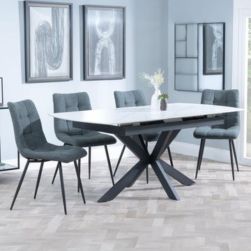 Bari extending dining set - 6-8 seater - 140cm-180cm - white ceramic - corona dining chair - light grey fabric