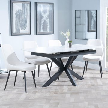 Bari extending dining set - 6-8 seater - 140cm-180cm - white ceramic - darwin dining chair - cream fabric