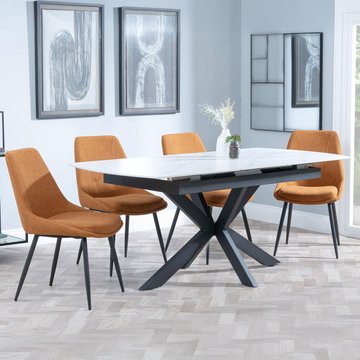 Bari extending dining set - 6-8 seater - 140cm-180cm - white ceramic - darwin dining chair - orange fabric