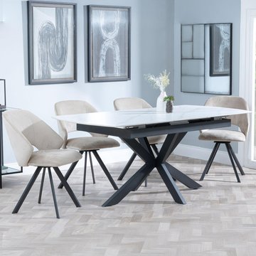 Bari extending dining set - 6-8 seater - 140cm-180cm - white ceramic - ion swivel dining chair - beige velvet fabric