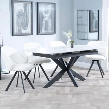 Bari extending dining set - 6-8 seater - 140cm-180cm - white ceramic - ion swivel dining chair - cream boucle fabric