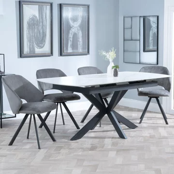 Bari extending dining set - 6-8 seater - 140cm-180cm - white ceramic - ion swivel dining chair - dark grey velvet fabric