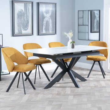 Bari extending dining set - 6-8 seater - 140cm-180cm - white ceramic - ion swivel dining chair - mustard velvet fabric