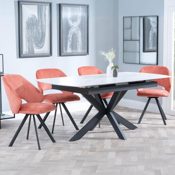 Bari extending dining set - 6-8 seater - 140cm-180cm - white ceramic - ion swivel dining chair - orange velvet fabric