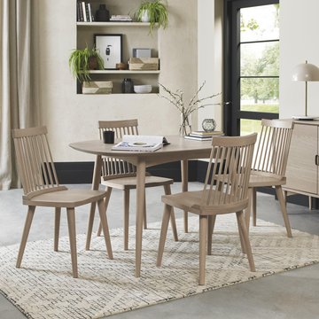 Dansk scandi oak dining table set - ilva scandi oak spindle chairs