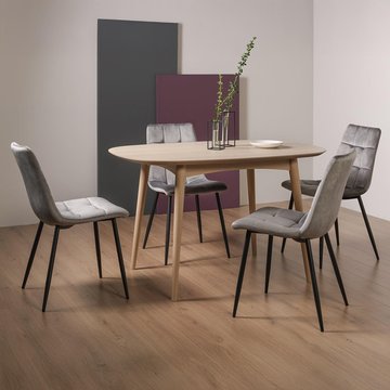 Dansk scandi oak dining table set - mondrian dark grey velvet fabric chairs