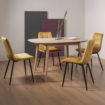Dansk scandi oak dining table set - mondrian mustard velvet chairs