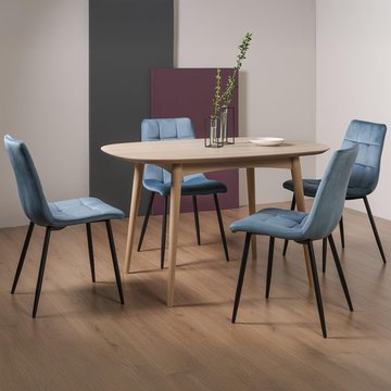 Dansk scandi oak dining table set - mondrian petrol blue velvet chairs
