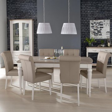 Montreux extending dining table set - 6-8 seater - 180cm-225cm - 6 upholstered grey bonded leather chairs - grey washed oak & soft grey