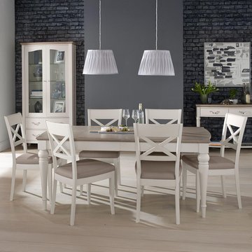 Montreux extending dining table set - 6-8 seater - 180cm-225cm - 6 x back grey bonded leather chairs - grey washed oak & soft grey