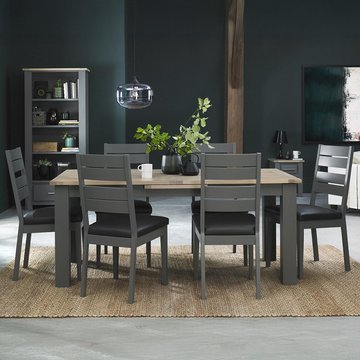 Oakham dark grey & scandi oak extending dining table set - 6-8 seater - 180cm-225cm - 6 dark grey bonded leather chairs