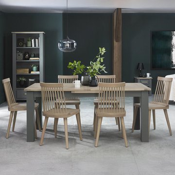 Oakham dark grey & scandi oak extending dining table set - 6-8 seater - 180cm-225cm - 6 ilva spindle chairs - scandi oak