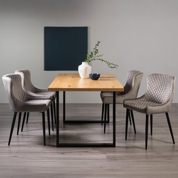 Ramsay oak dining table set - 6 seater - 160cm - u leg - 4 cezanne grey velvet chairs - black legs