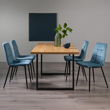 Ramsay oak dining table set - 6 seater - 160cm - u leg - 4 mondrian petrol blue velvet chairs