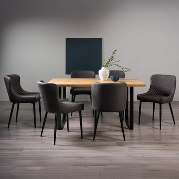 Ramsay oak dining table set - 6 seater - 160cm - u leg - 6 cezanne dark grey faux leather chairs - black legs