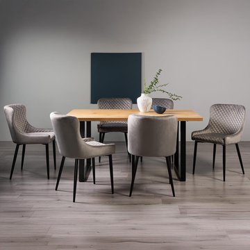 Ramsay oak dining table set - 6 seater - 160cm - u leg - 6 cezanne grey velvet chairs - black legs