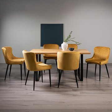 Ramsay oak dining table set - 6 seater - 160cm - u leg - 6 cezanne mustard velvet chairs - black legs