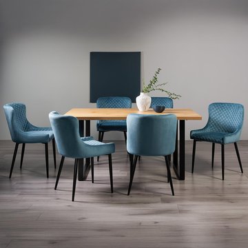 Ramsay oak dining table set - 6 seater - 160cm - u leg - 6 cezanne petrol blue velvet chairs - black legs
