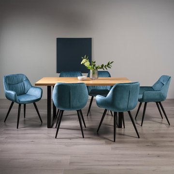 Ramsay oak dining table set - 6 seater - 160cm - u leg - 6 dali petrol blue velvet chairs