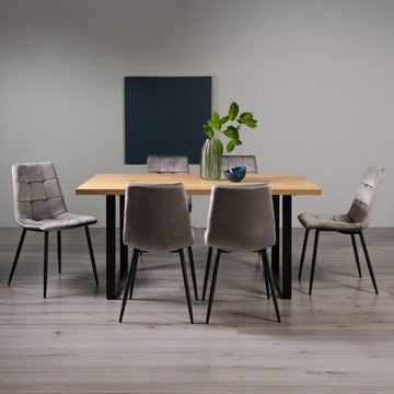 Ramsay oak dining table set - 6 seater - 160cm - u leg - 6 mondrian grey velvet chairs